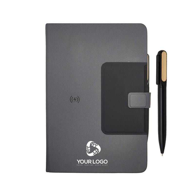 Wireless Premium A5 Notebook With Foldable Phone Stand Card Holder  Metal & Wooden Pen With Logo